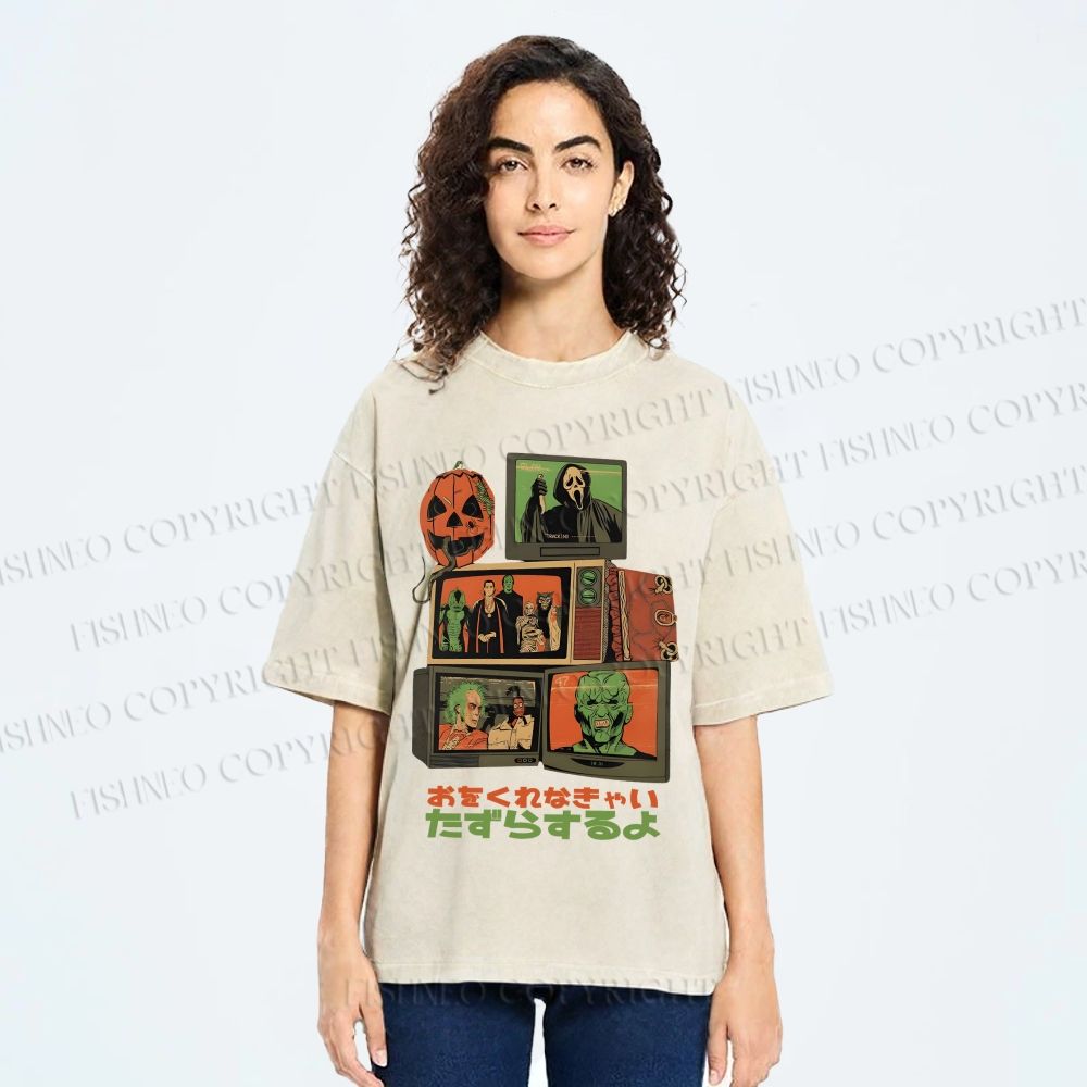 Unisex Vintage Japanese Halloween Tv Graffiti Printed Washed Tee