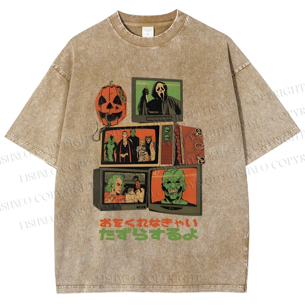 Unisex Vintage Japanese Halloween Tv Graffiti Printed Washed Tee