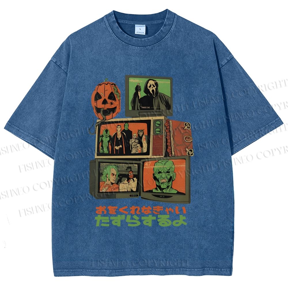 Unisex Vintage Japanese Halloween Tv Graffiti Printed Washed Tee