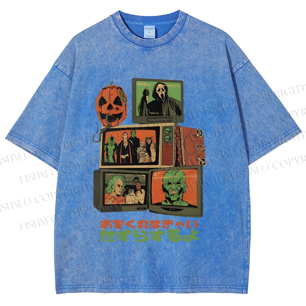 Unisex Vintage Japanese Halloween Tv Graffiti Printed Washed Tee