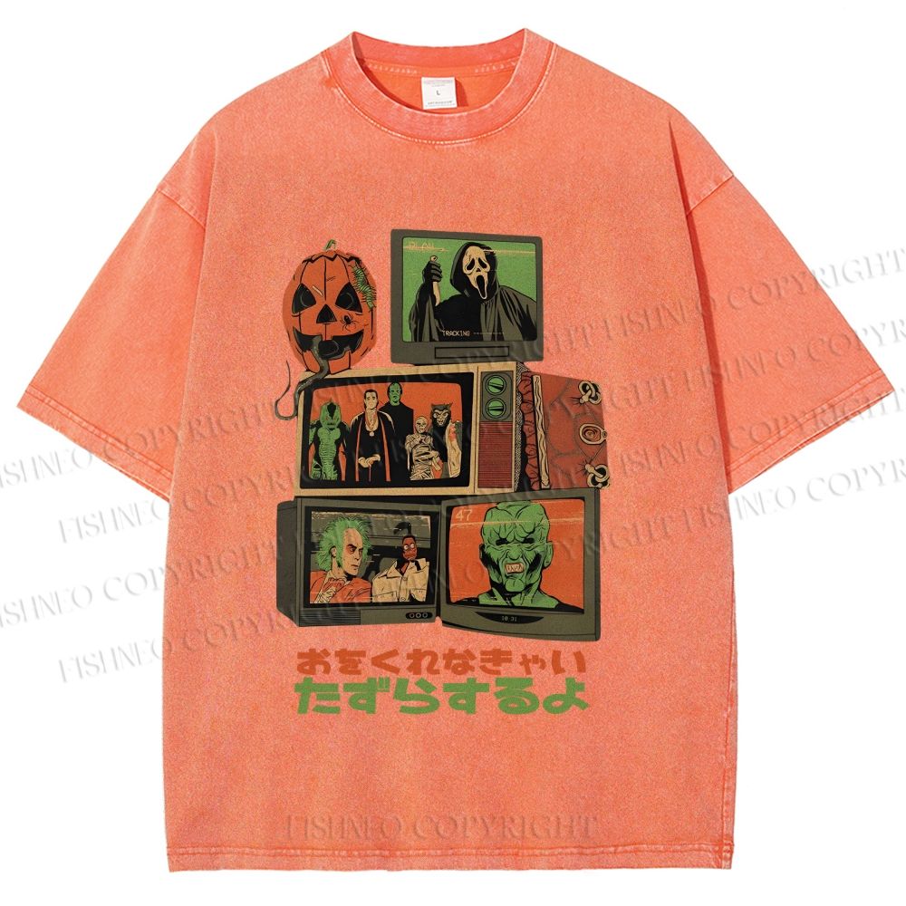 Unisex Vintage Japanese Halloween Tv Graffiti Printed Washed Tee