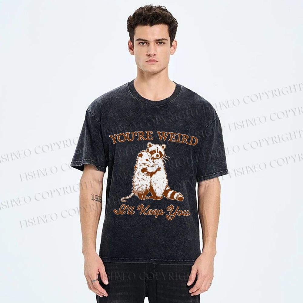 Unisex I Will Keep Weird You Vintage Raccoon Printed Washed Tee