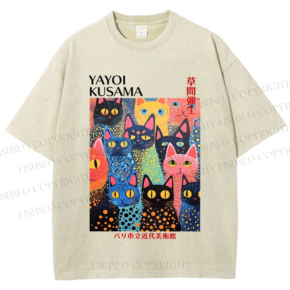 Unisex Japanese Yayoi Kusama Colorful Cats Printed Washed Tee