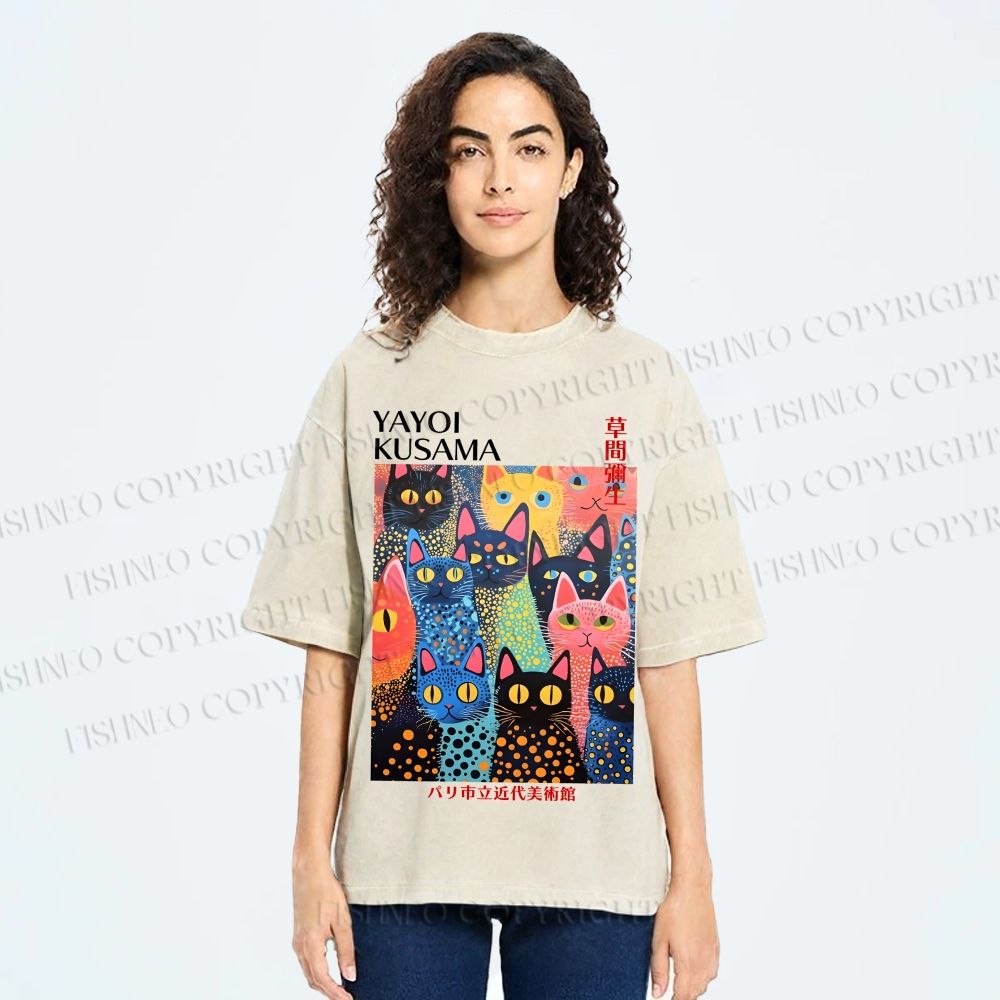 Unisex Japanese Yayoi Kusama Colorful Cats Printed Washed Tee