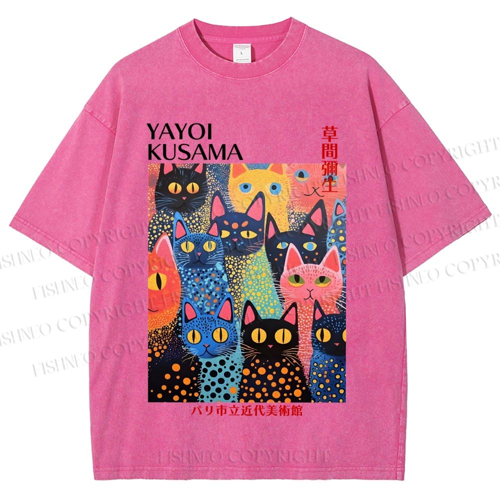 Unisex Japanese Yayoi Kusama Colorful Cats Printed Washed Tee
