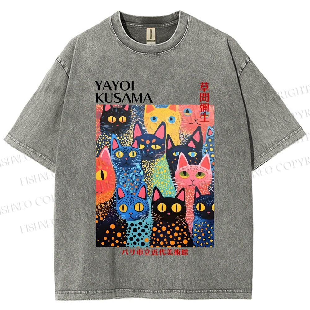 Unisex Japanese Yayoi Kusama Colorful Cats Printed Washed Tee