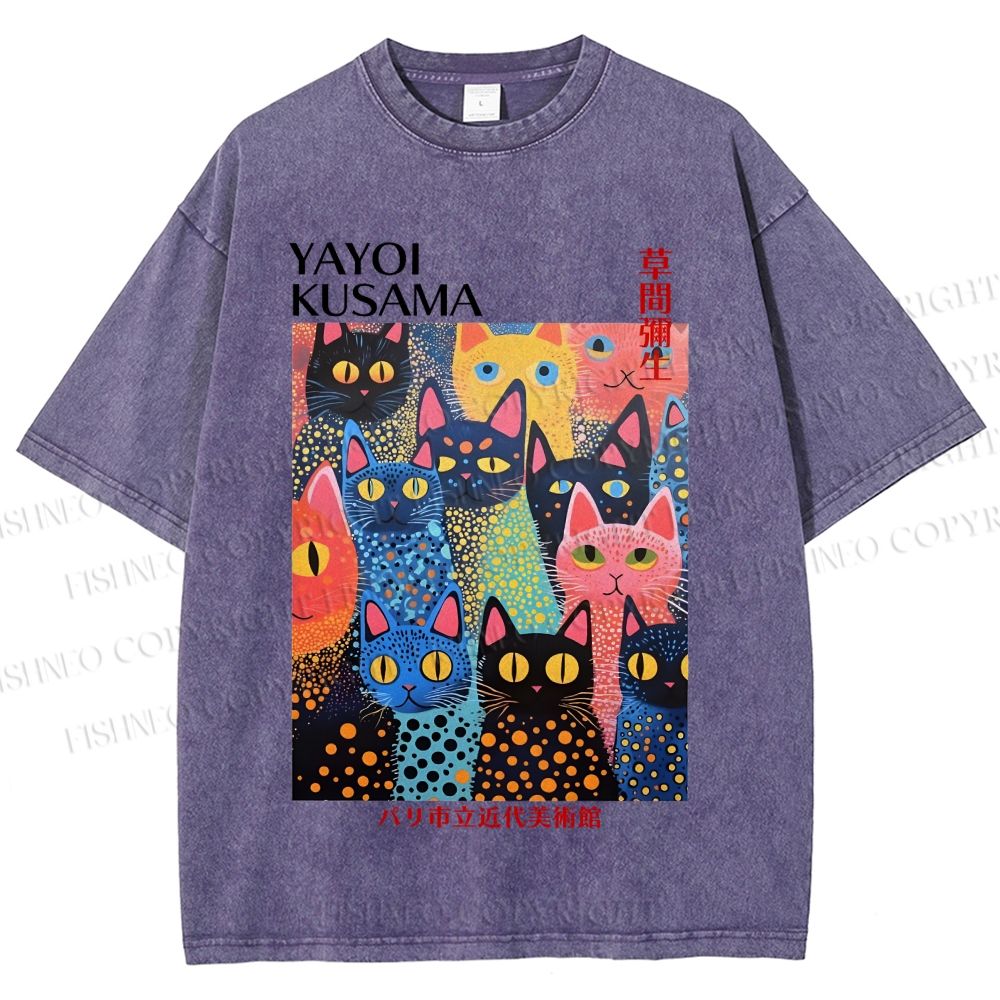 Unisex Japanese Yayoi Kusama Colorful Cats Printed Washed Tee