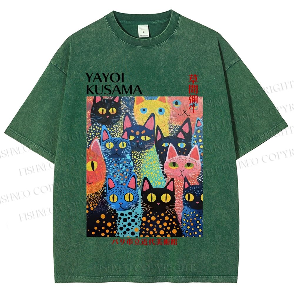 Unisex Japanese Yayoi Kusama Colorful Cats Printed Washed Tee