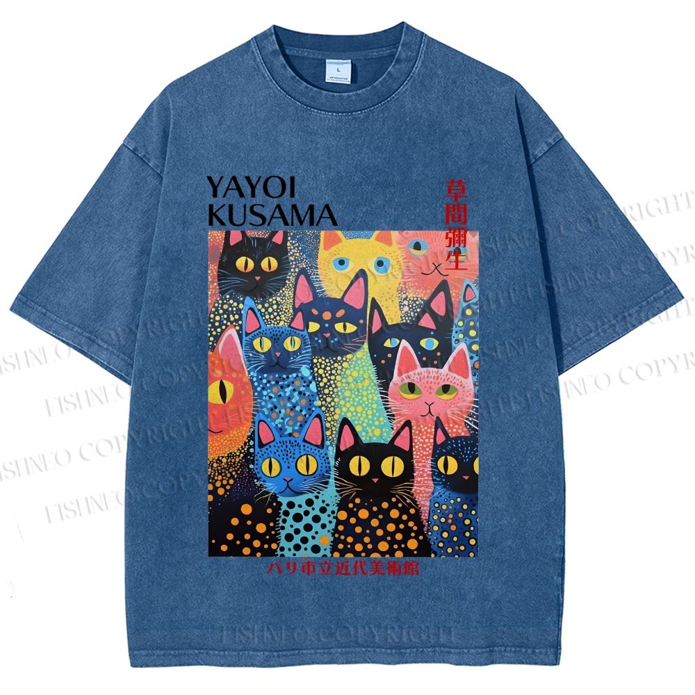 Unisex Japanese Yayoi Kusama Colorful Cats Printed Washed Tee