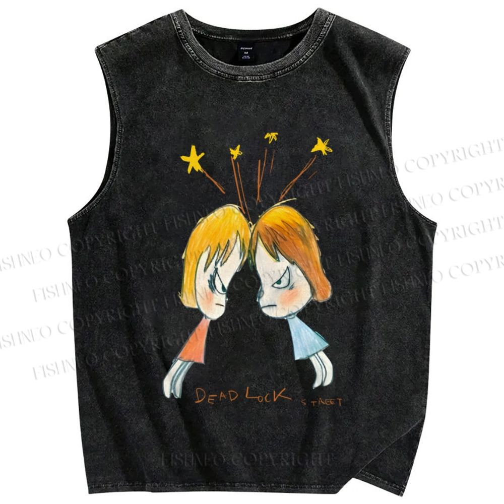 Unisex Japanese Art Yoshitomo Nara Dead Lock Printed Washed Tank Top