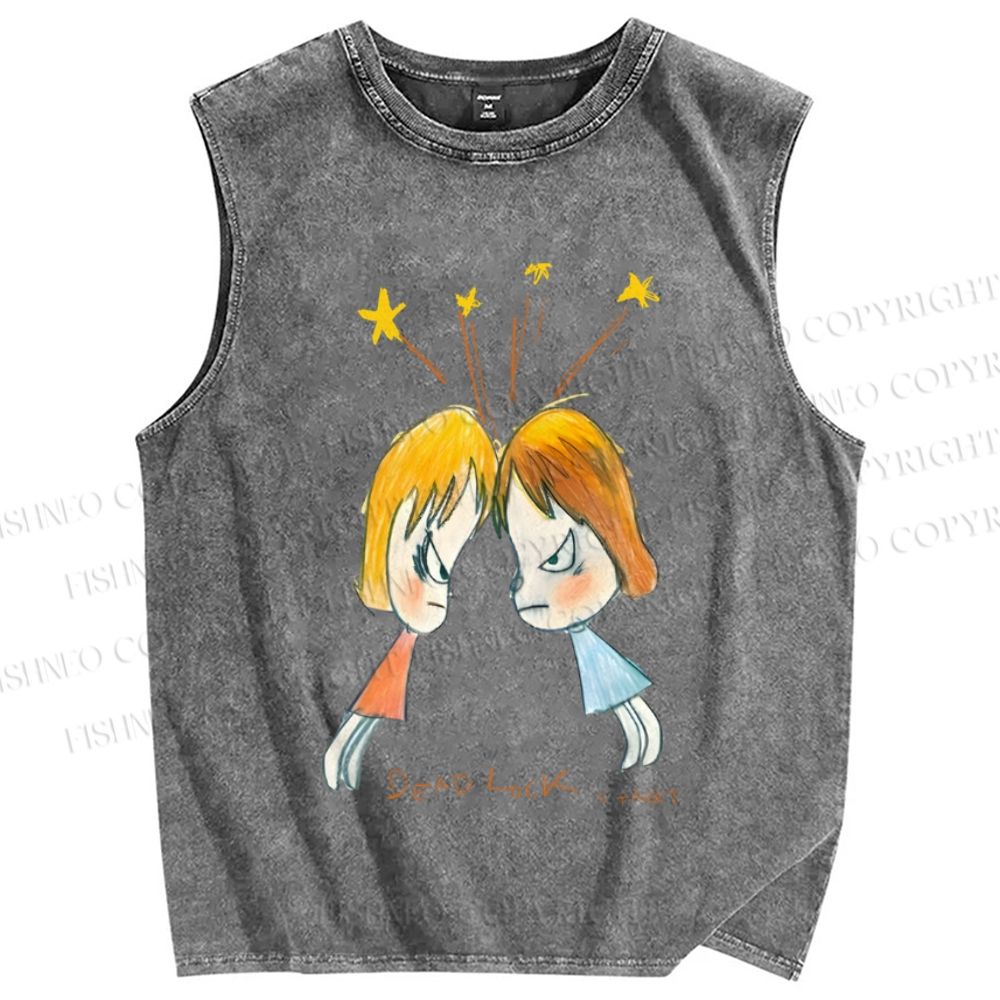 Unisex Japanese Art Yoshitomo Nara Dead Lock Printed Washed Tank Top