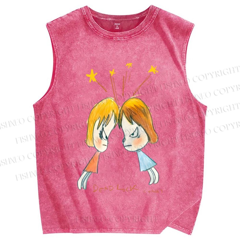 Unisex Japanese Art Yoshitomo Nara Dead Lock Printed Washed Tank Top