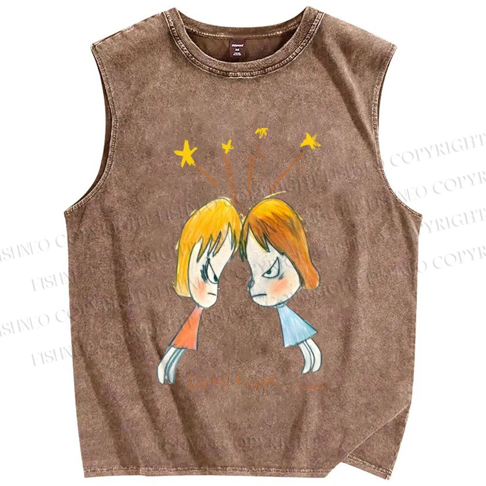 Unisex Japanese Art Yoshitomo Nara Dead Lock Printed Washed Tank Top