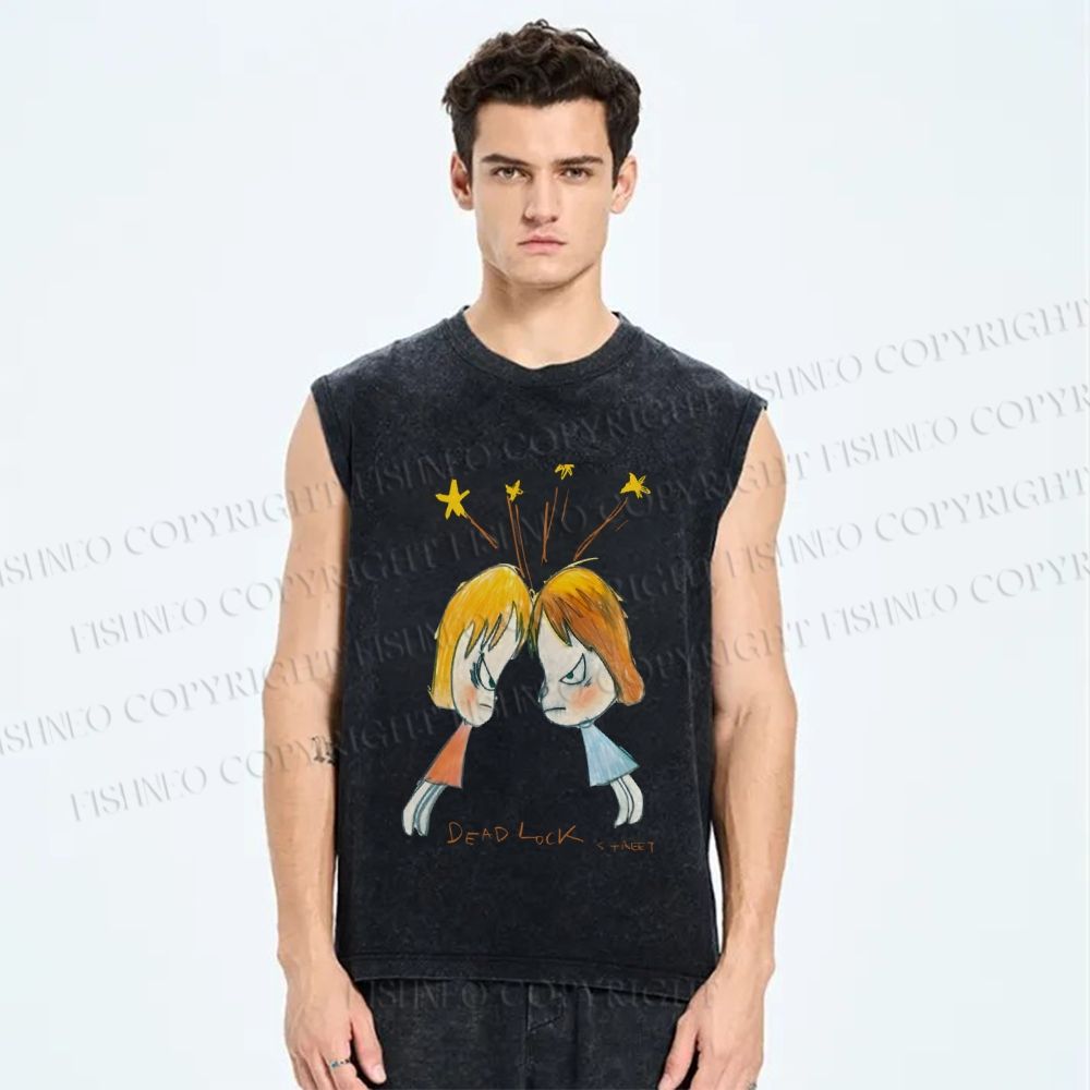 Unisex Japanese Art Yoshitomo Nara Dead Lock Printed Washed Tank Top