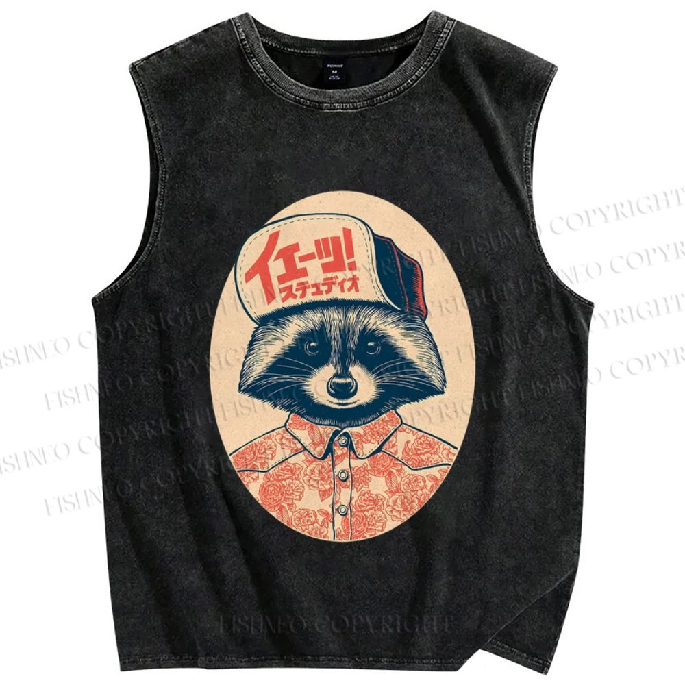 Unisex Vintage Japanese Street Raccoon Printed Washed Tank Top