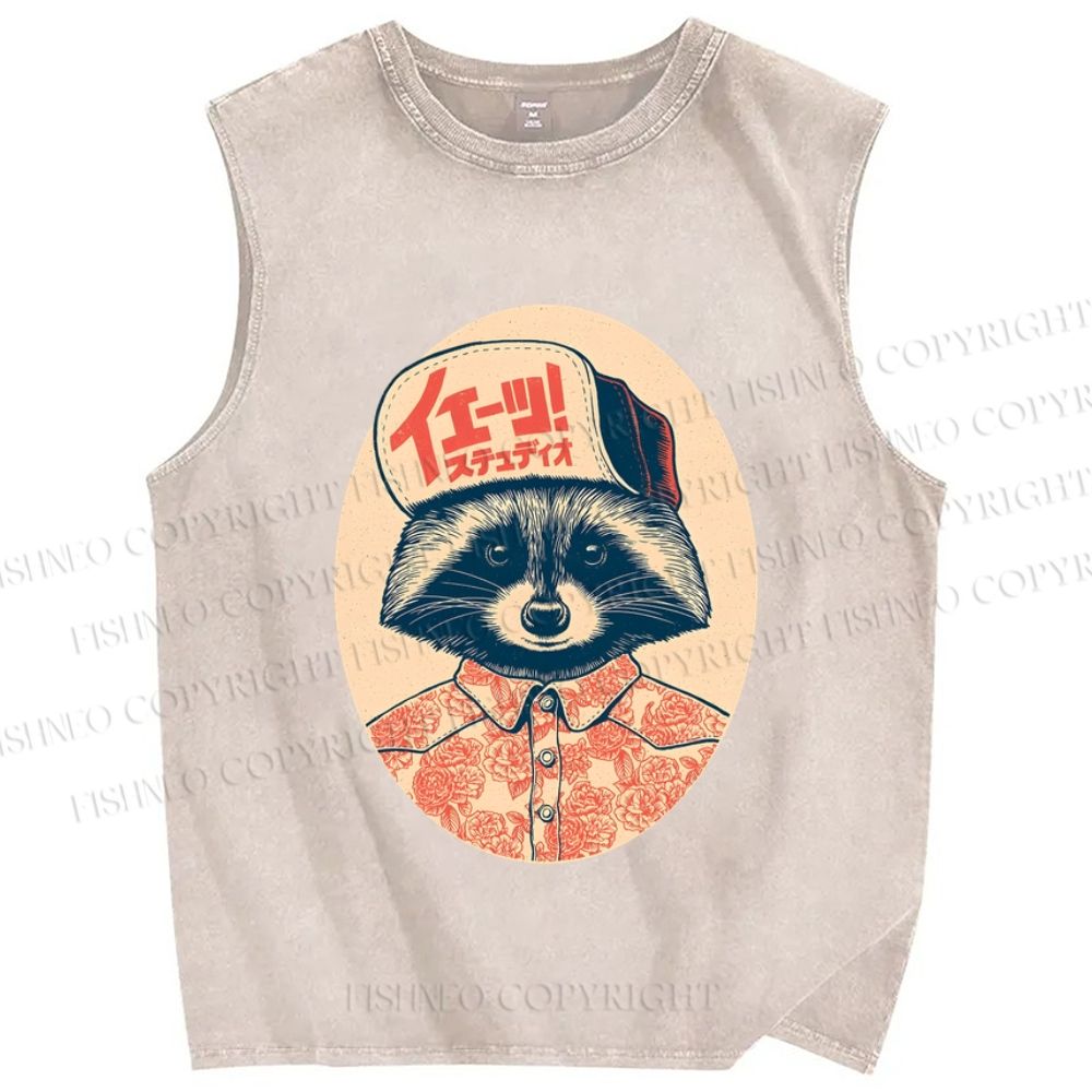 Unisex Vintage Japanese Street Raccoon Printed Washed Tank Top