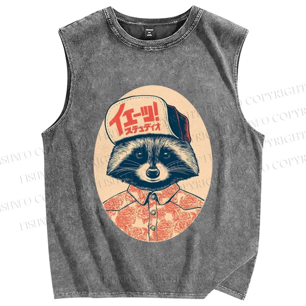 Unisex Vintage Japanese Street Raccoon Printed Washed Tank Top