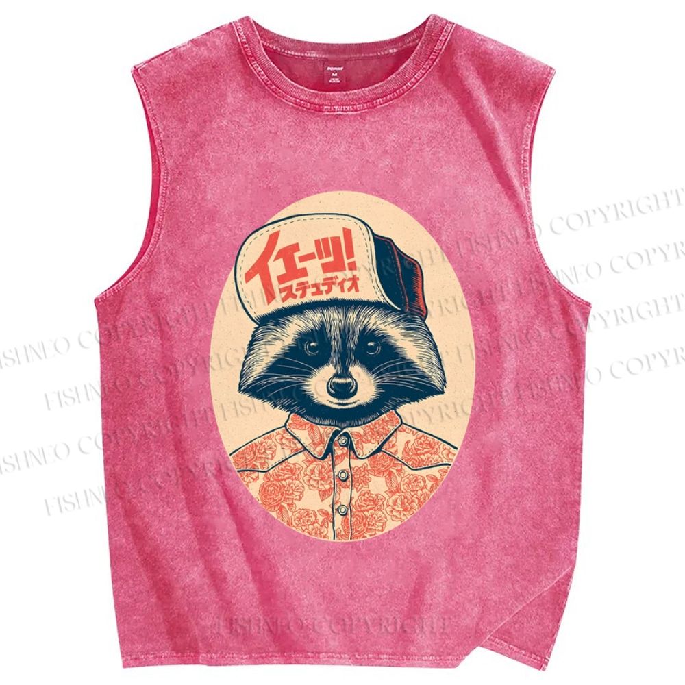 Unisex Vintage Japanese Street Raccoon Printed Washed Tank Top
