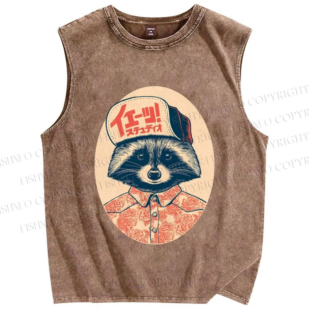 Unisex Vintage Japanese Street Raccoon Printed Washed Tank Top