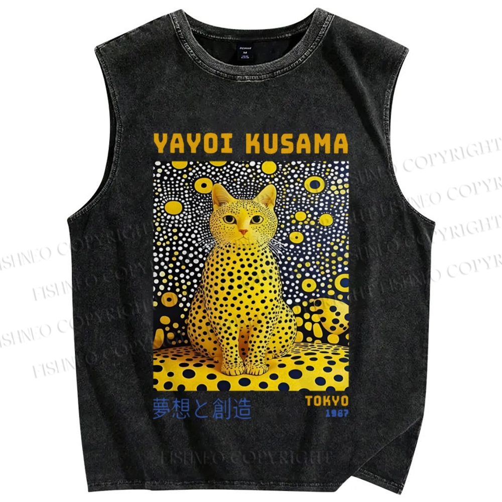 Unisex Japanese Yayoi Kusama Cat Printed Washed Tank Top