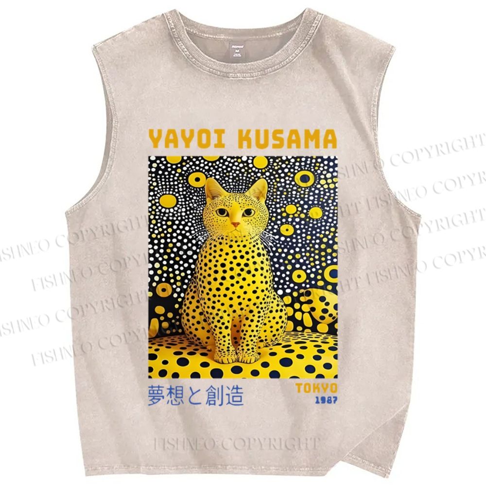 Unisex Japanese Yayoi Kusama Cat Printed Washed Tank Top
