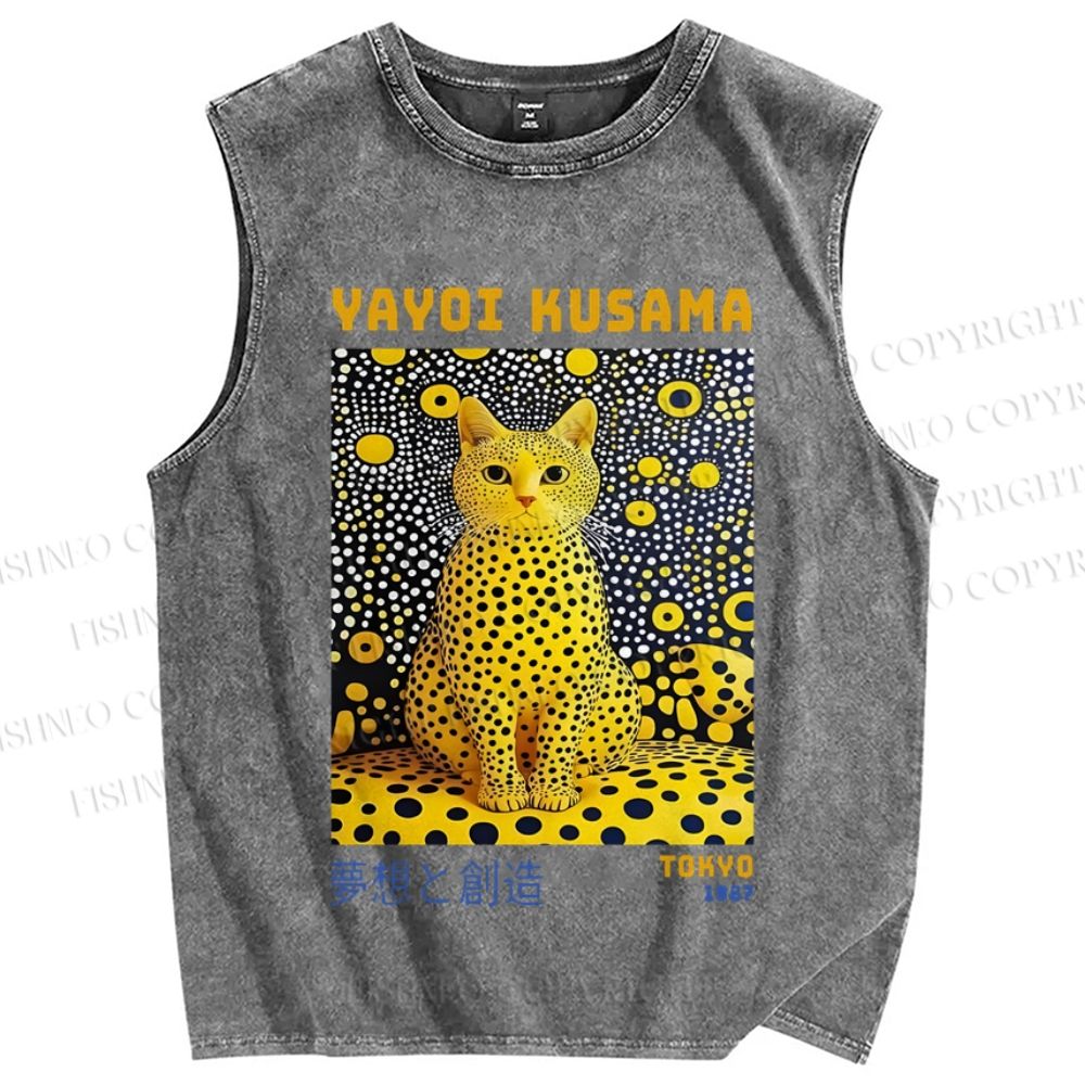 Unisex Japanese Yayoi Kusama Cat Printed Washed Tank Top