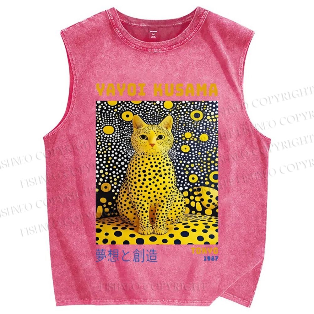 Unisex Japanese Yayoi Kusama Cat Printed Washed Tank Top