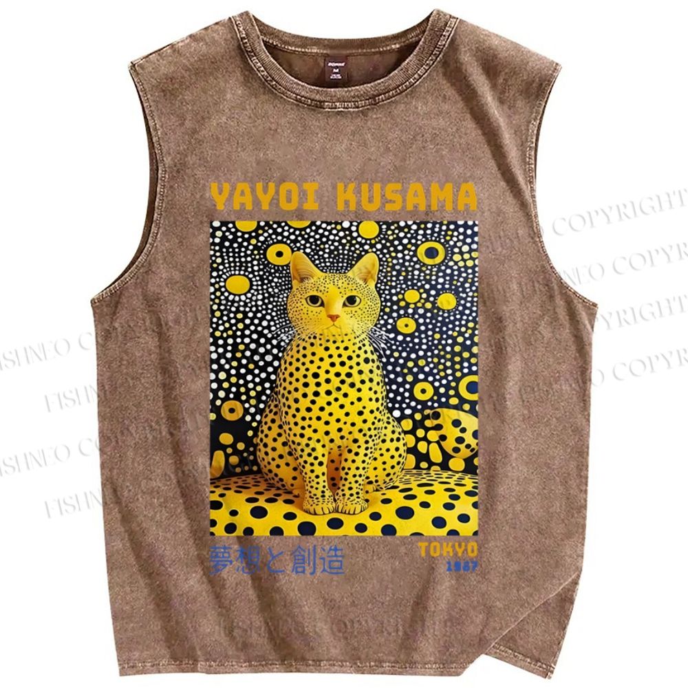 Unisex Japanese Yayoi Kusama Cat Printed Washed Tank Top
