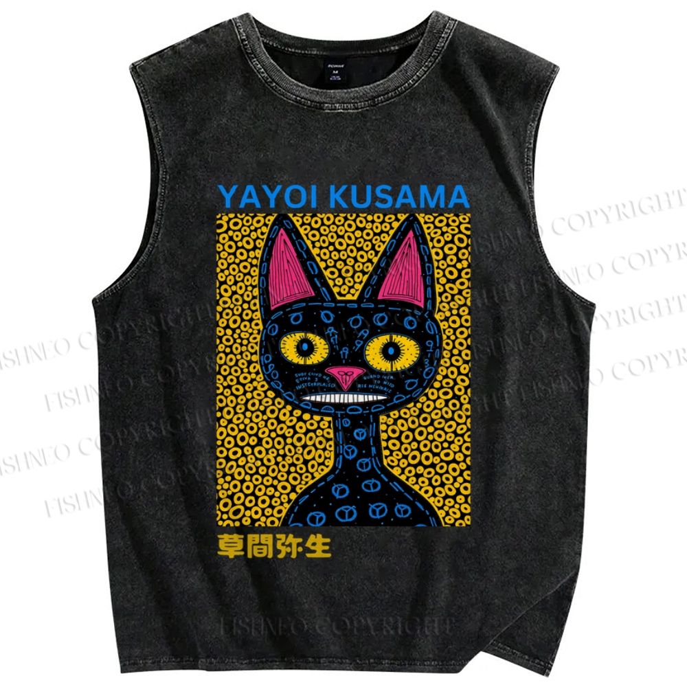 Unisex Japanese Yayoi Kusama Cat Printed Washed Tank Top
