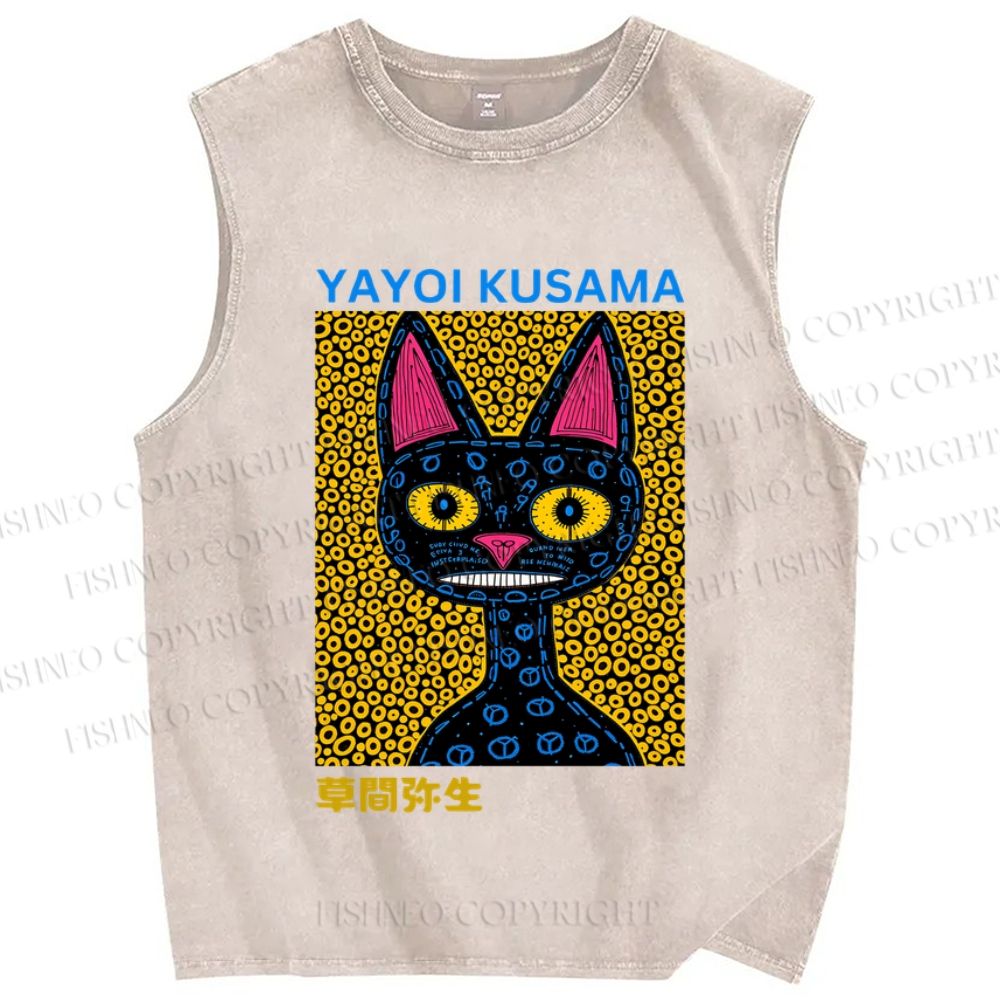 Unisex Japanese Yayoi Kusama Cat Printed Washed Tank Top