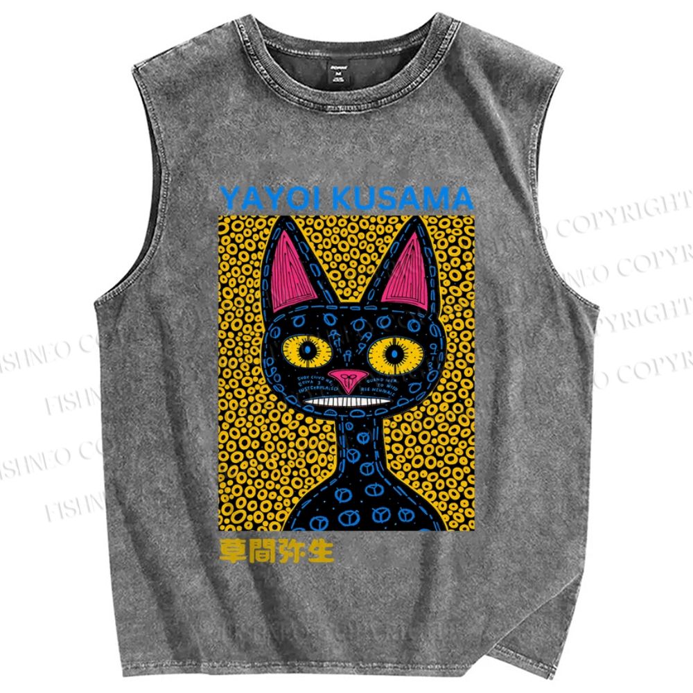 Unisex Japanese Yayoi Kusama Cat Printed Washed Tank Top