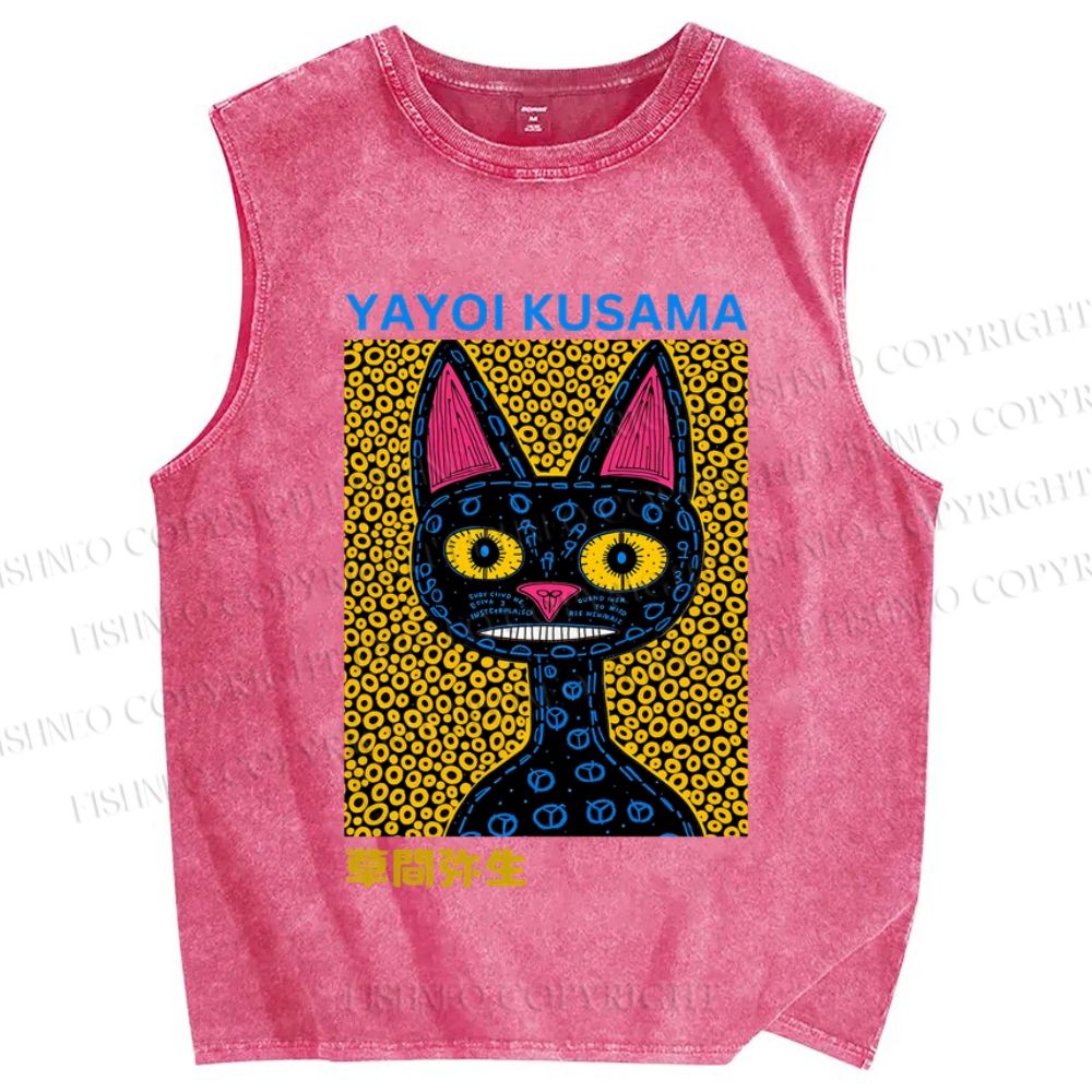 Unisex Japanese Yayoi Kusama Cat Printed Washed Tank Top