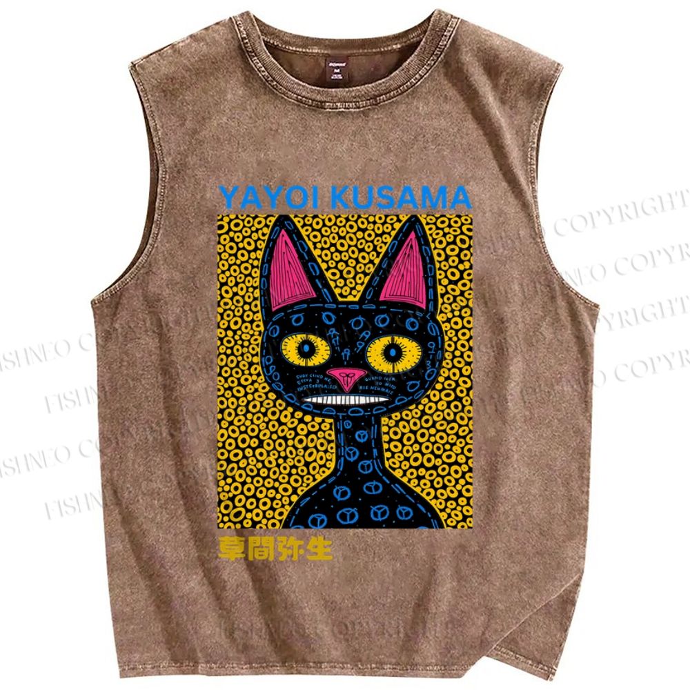 Unisex Japanese Yayoi Kusama Cat Printed Washed Tank Top