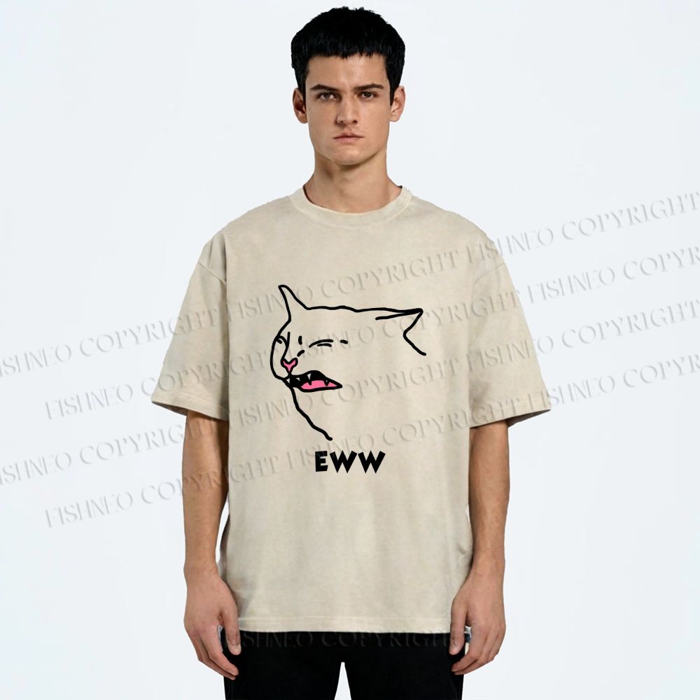 Unisex Funny Cat Eww Printed Washed Tee