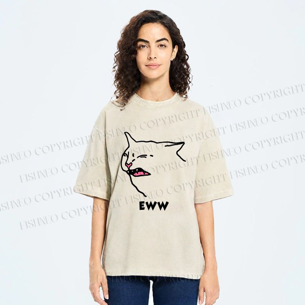 Unisex Funny Cat Eww Printed Washed Tee