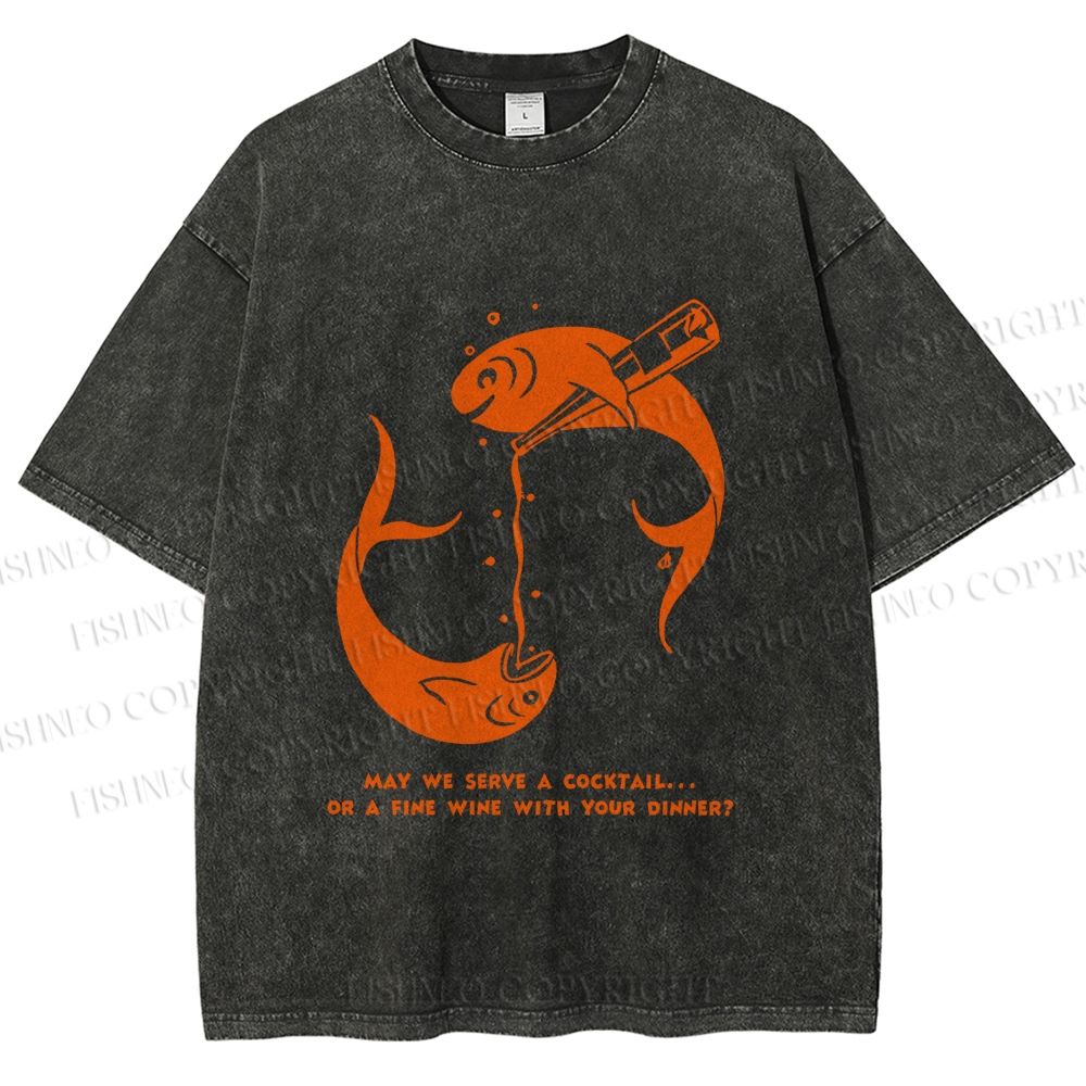Unisex Drinking Sardine Fish Printed Washed Tee