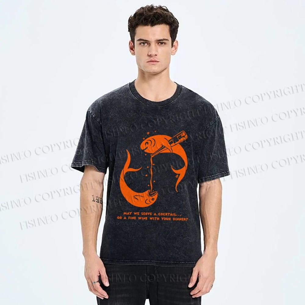 Unisex Drinking Sardine Fish Printed Washed Tee