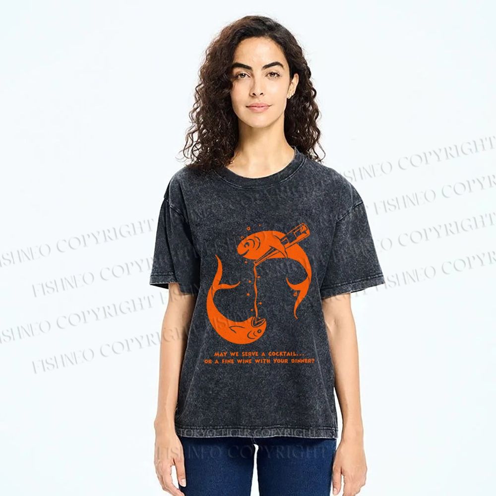 Unisex Drinking Sardine Fish Printed Washed Tee