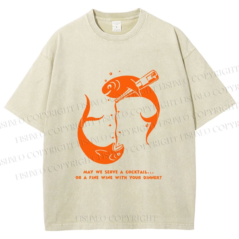 Unisex Drinking Sardine Fish Printed Washed Tee
