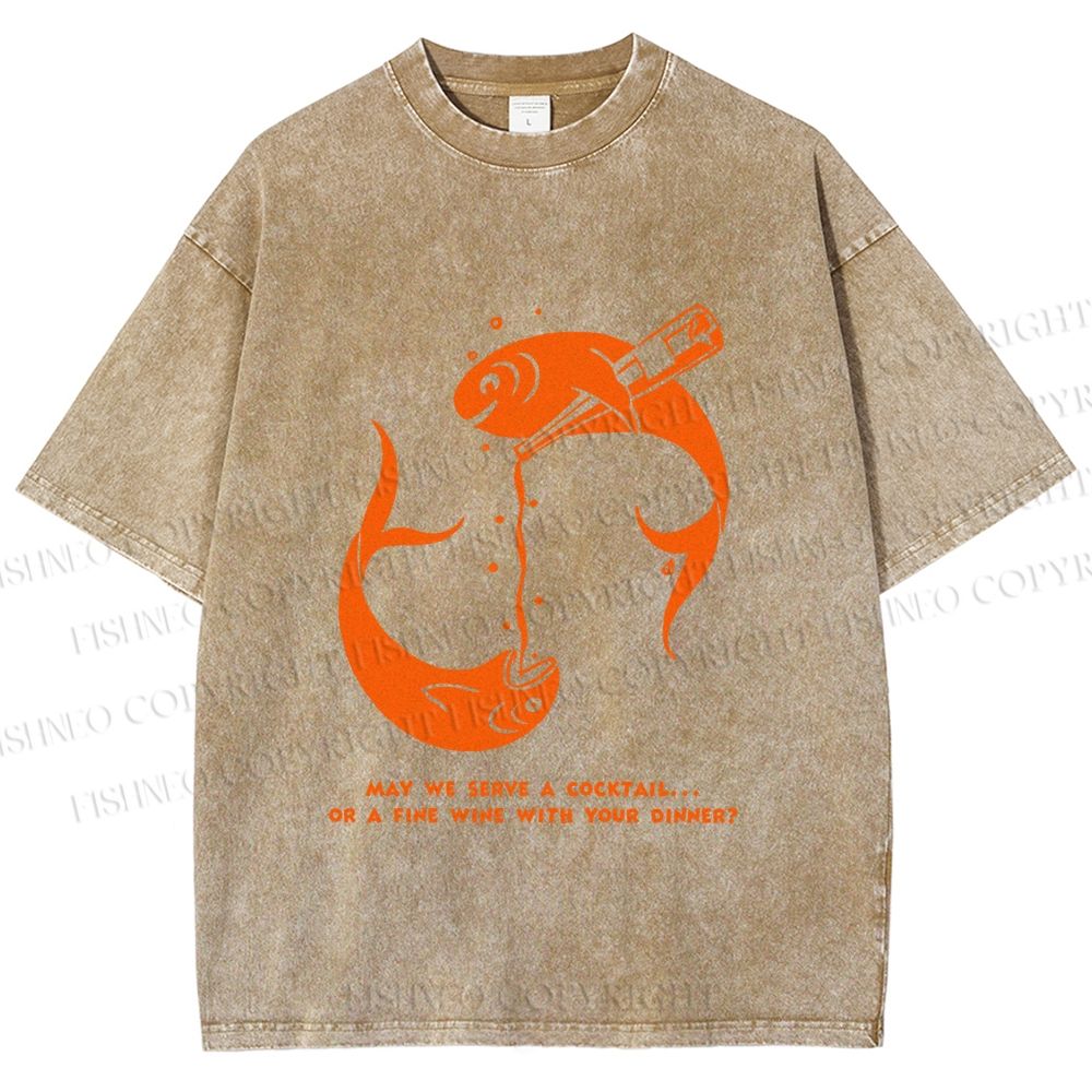 Unisex Drinking Sardine Fish Printed Washed Tee
