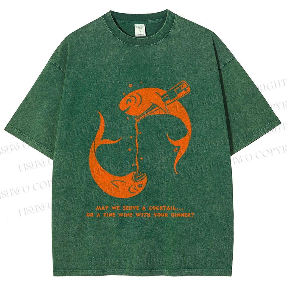 Unisex Drinking Sardine Fish Printed Washed Tee