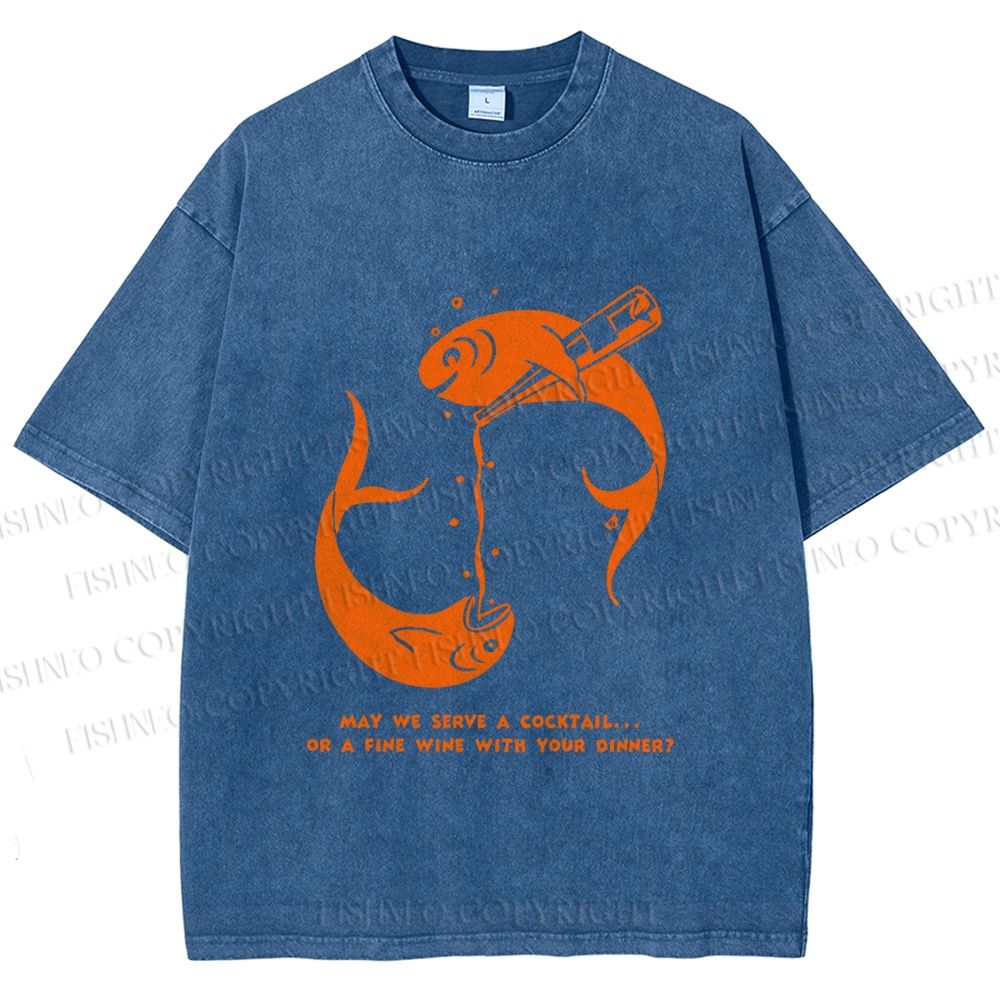 Unisex Drinking Sardine Fish Printed Washed Tee