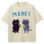 Unisex Merci Cat Printed Washed Tee