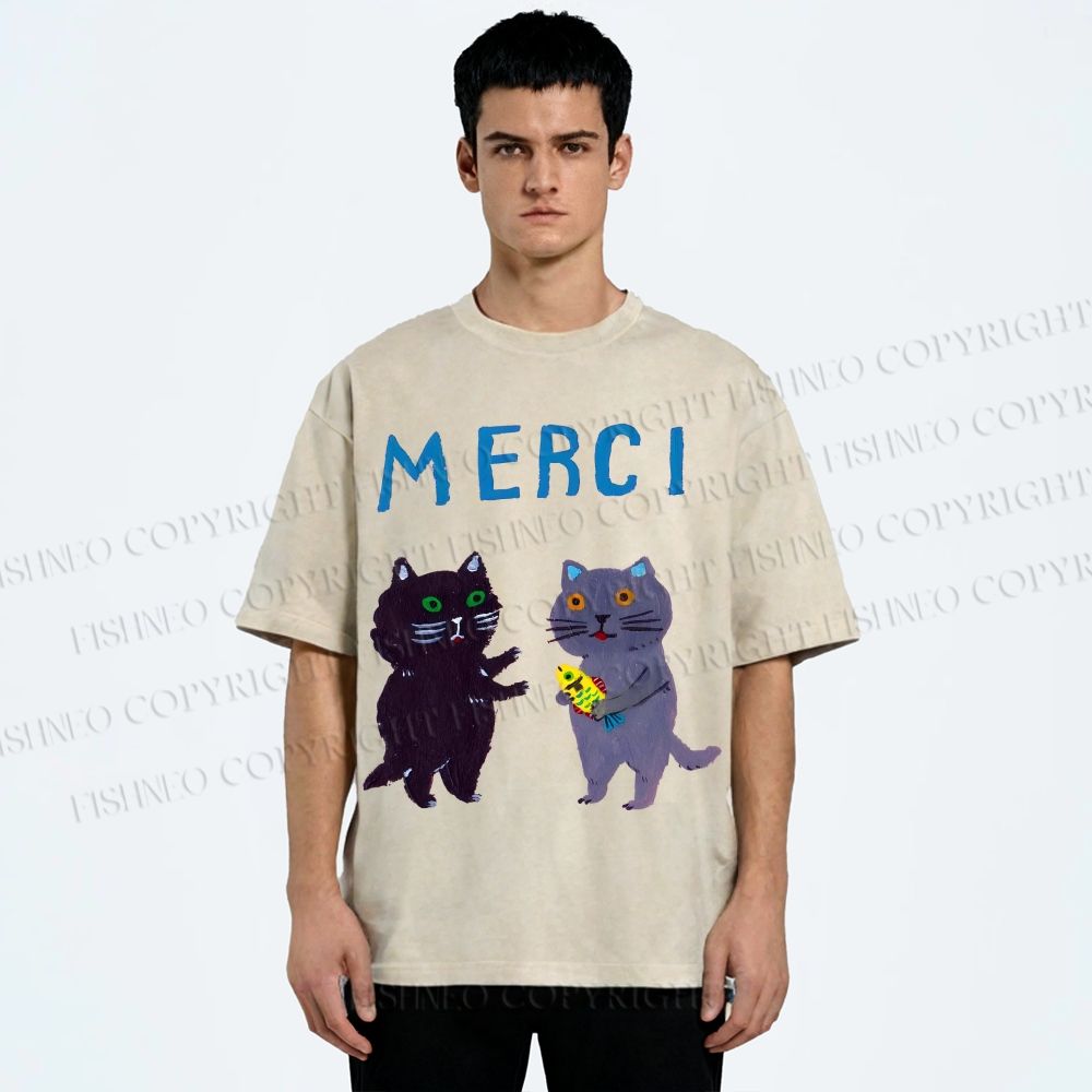 Unisex Merci Cat Printed Washed Tee
