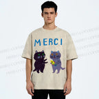 Unisex Merci Cat Printed Washed Tee