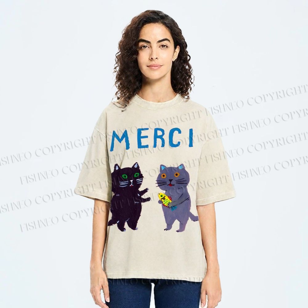 Unisex Merci Cat Printed Washed Tee