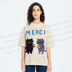 Unisex Merci Cat Printed Washed Tee