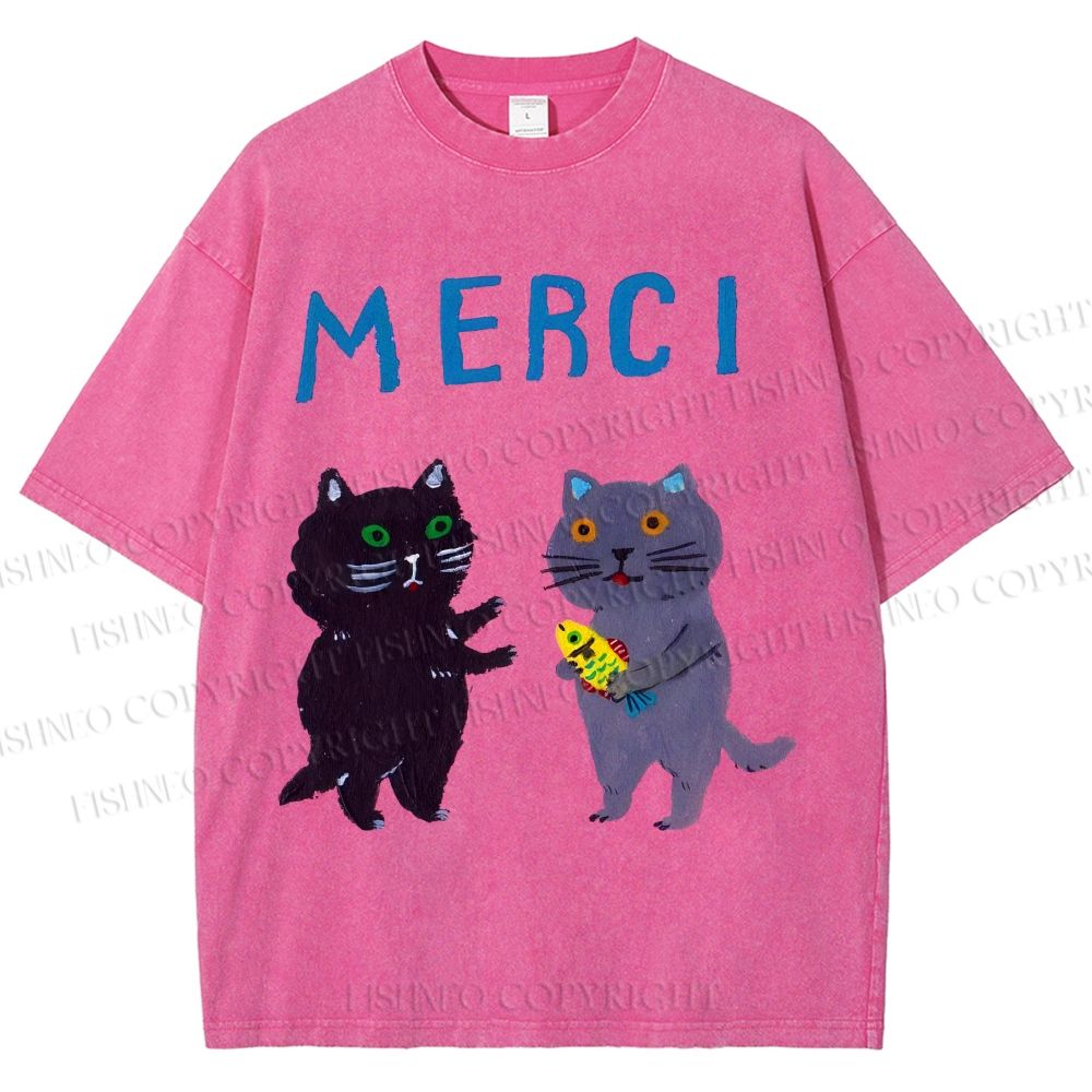 Unisex Merci Cat Printed Washed Tee