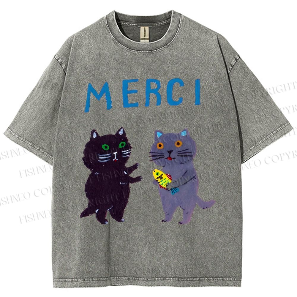 Unisex Merci Cat Printed Washed Tee
