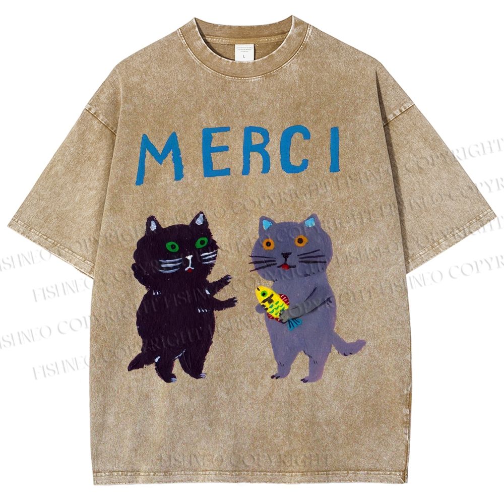 Unisex Merci Cat Printed Washed Tee